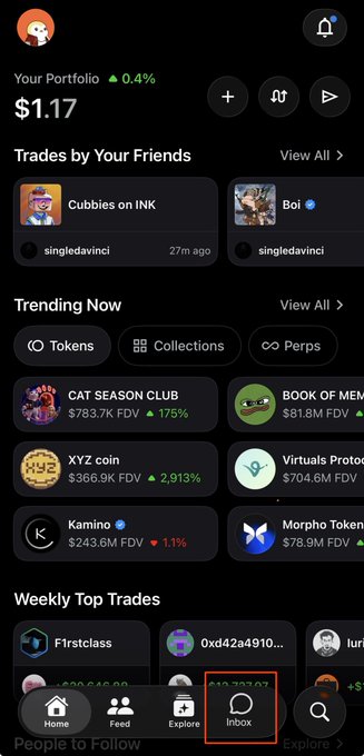 Robinhood crypto app screenshot showing portfolio value of $1.17, "Trades by Your Friends," "Trending Now" tokens (CAT SEASON CLUB +175%, XYZ coin +2,913%, Kamino +1.11%), and weekly top trades.