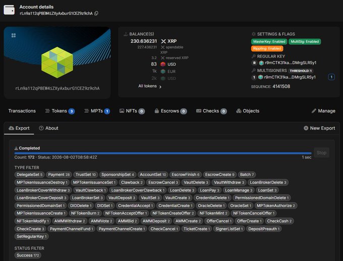 An XRP account details page shows a balance of 230.636231 XRP with account address rLrn9a112qR8W41ZXyAxbur61CEZ9z9cHA, displaying 172 completed transactions.