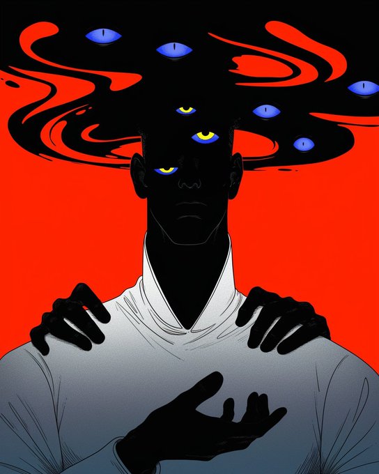 An illustration depicts a dark-skinned figure in a white shirt against a red background, with multiple blue eyes emerging from black smoke above their head.