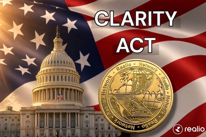 A composite image features the US Capitol building against an American flag background, with large text reading 'CLARITY ACT', a gold Realio Network coin, and the 'realio' logo in the corner.