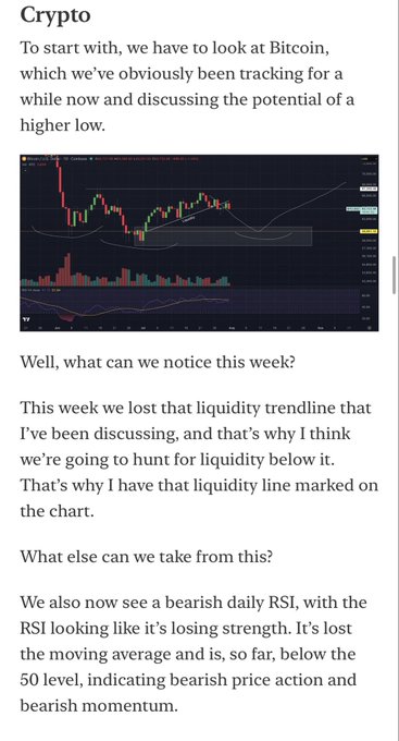 A crypto analysis post discussing Bitcoin, featuring a candlestick chart and noting a broken liquidity trendline, bearish daily RSI below 50, and anticipated liquidity hunt below—aligning with the broader bearish outlook on the crypto market including $XRP.