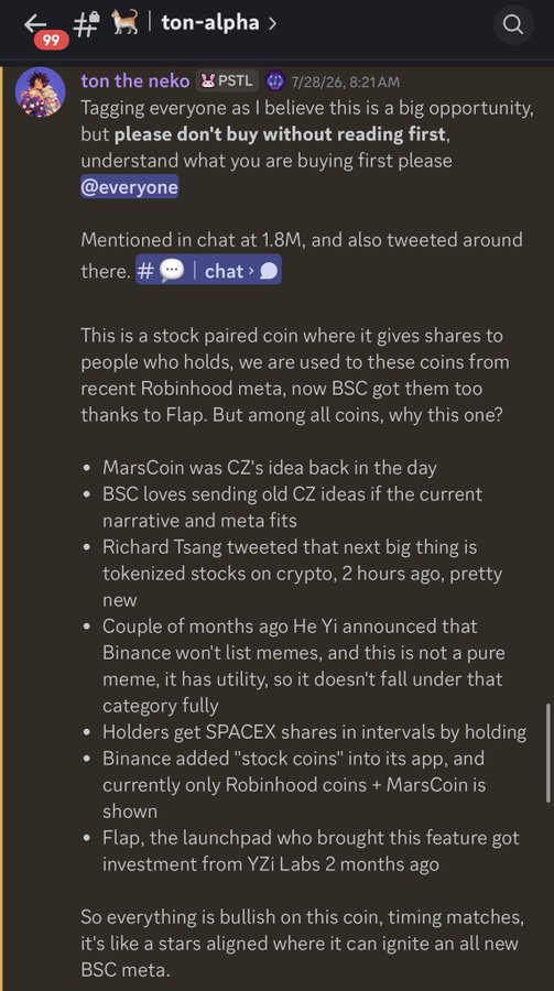 A Discord post from "ton the neko" in the #ton-alpha channel outlines bullish fundamentals for a stock-paired token (MarsCoin/tMarsx), citing CZ's original concept, BSC's trend adoption, Richard Tsang's tokenized stocks tweet, and Flap launchpad's YZi Labs backing. The post warns members to research before buying, aligning with the accompanying message about rejoining Pastel for alpha calls that "actually cook."