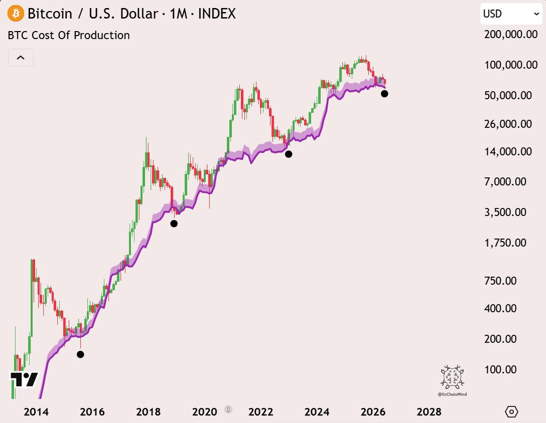 The image shows a graph with Bitcoin's value increasing over time, indicating that it has been growing in popularity. The graph also displays the price of Bitcoin at different points in time, showing its fluctuations throughout the years. The caption below the graph reads "For literally 12 years... You could've bought $BTC each time we tapped its electrical cost and won every single time". This statement is related to the image by suggesting that if someone had invested $1,000 into Bitcoin at the beginning of 2012, they would have made a profit of approximately $12,000 over the next twelve years.