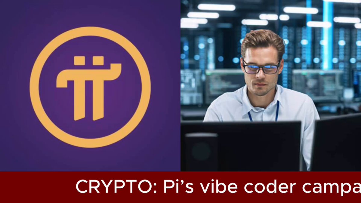 The image features a man sitting at a computer desk with a laptop open in front of him, wearing glasses and looking focused on his work. Below this scene, there's a banner that reads "CRYPT: Pi's Vibe Coder Campa". The caption below it explains the purpose of the campaign, which is to accelerate the deployment of AI-generated applications within its ecosystem by providing a platform for developers to use the Pi App Studio.