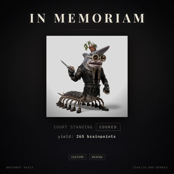 An 'In Memoriam' NFT display featuring a 'Court Standing Cooked' brainrot character, yield: 265 brainpoints, brainrot #6523.