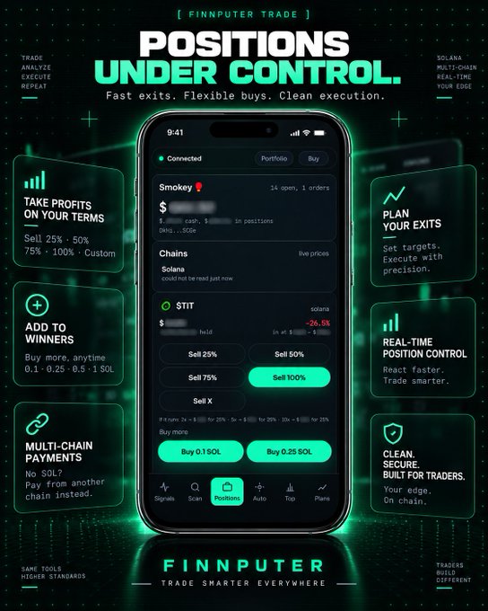 A promotional graphic for 'FINNPUTER TRADE' app titled 'POSITIONS UNDER CONTROL' showing a smartphone interface with trading features like taking profits, adding to winners, and multi-chain payments for Solana.