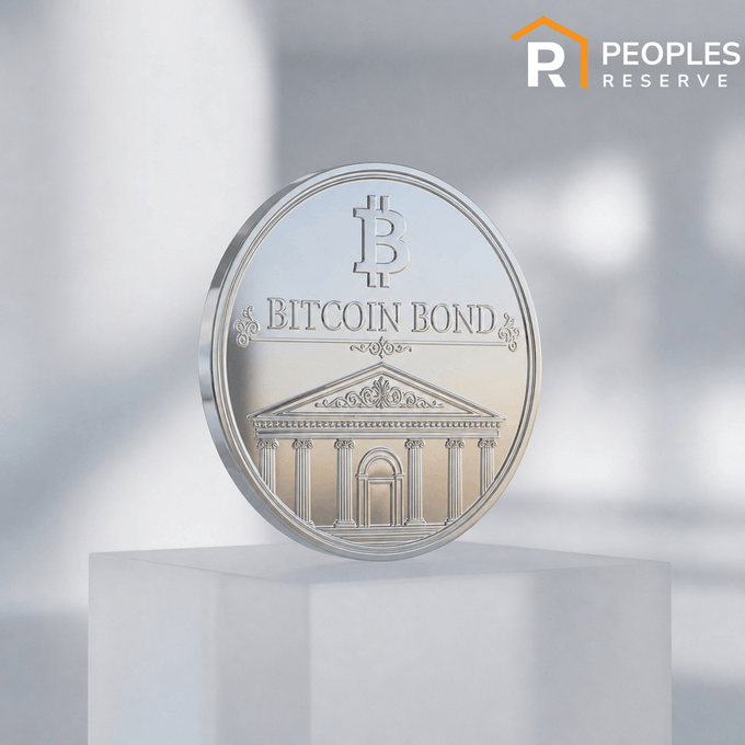 A silver commemorative 'BITCOIN BOND' coin featuring the Bitcoin 'B' logo and a classical building, displayed on a pedestal with the Peoples Reserve logo in the corner.