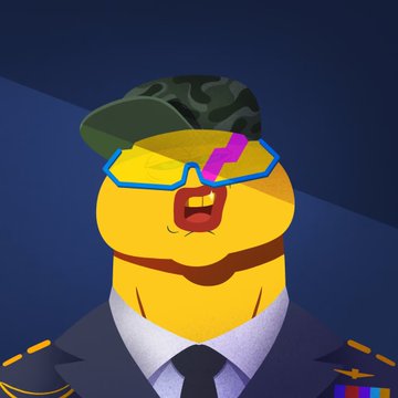 A digital illustration of a yellow, slug-like character wearing a camouflage cap, blue and yellow glasses, a tie, and a military-style uniform jacket with epaulets.