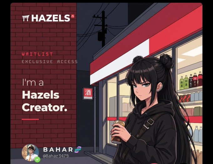 'HAZELS' waitlist promotional card for 'BAHAR (@Bahar3479)' featuring anime-style artwork of a girl with black hair in buns holding a drink in front of a convenience store.