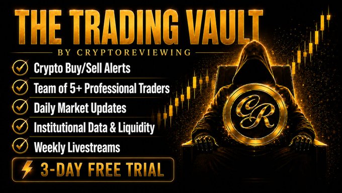 A promotional graphic for "The Trading Vault by CryptoReviewing" features a hooded figure with a glowing "CR" gold coin, set against a candlestick chart backdrop, listing features like Crypto Buy/Sell Alerts, a team of 5+ professional traders, daily market updates, institutional data, and weekly livestreams, with a "3-DAY FREE TRIAL" call-to-action at the bottom. The image visually reinforces the post's announcement of the premium signals group, highlighting its professional offerings and exclusive, vault-like branding to attract potential subscribers ahead of its launch.