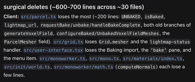 Code commit message describing 'surgical deletes (~600-700 lines across ~30 files)' listing various client files like src/parcel.ts, src/grid.ts, src/user-interface.tsx, and others with removed baking-related functionality.