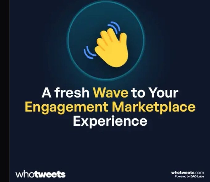 A promotional graphic for whatweets.com featuring a waving hand emoji and the text 'A fresh Wave to Your Engagement Marketplace Experience.'