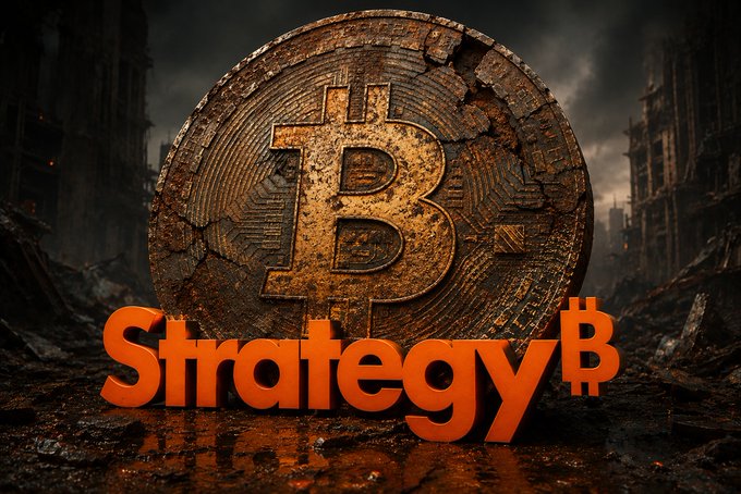 A dramatic graphic showing a cracked, weathered Bitcoin coin with the word 'Strategy₿' in bold orange 3D text in the foreground, set against a post-apocalyptic city backdrop.