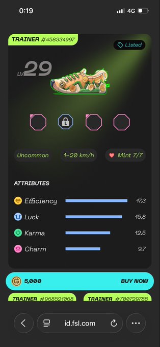 A mobile screenshot from id.fsl.com showing a Level 29 Uncommon digital creature NFT for sale at 5,000, with attributes for Efficiency (17.3), Luck (15.8), Karma (12.5), and Charm (9.7).