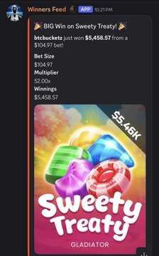 A Discord screenshot from 'Winners Feed' announcing a big win of $5,458.57 on the 'Sweety Treaty' slot game by Gladiator, with a bet size of $104.97, a 52.00x multiplier, and a colorful slot machine graphic showing gummy candies.