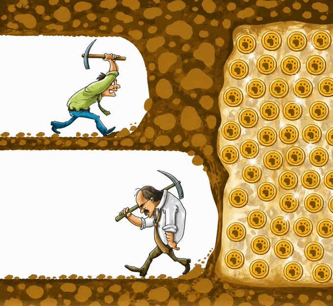 An illustrated graphic depicts two cartoon miners digging through rock, with one swinging a pickaxe to reveal a treasure chest full of gold coins bearing a paw print logo.