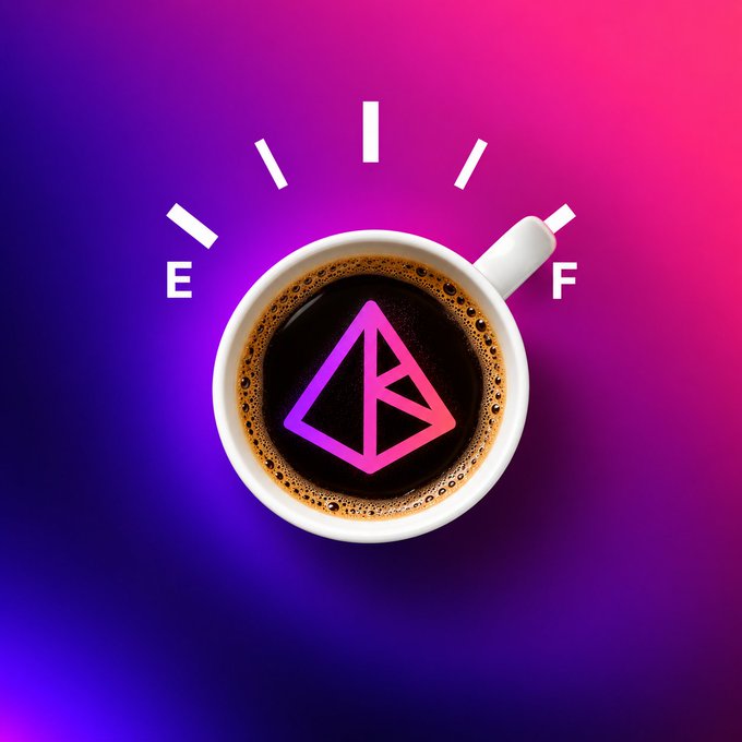 The image shows a coffee cup with a pink gradient Ethereum logo on the surface, set against a purple and pink background with the letters "E" and "F" floating around it and lines radiating from above like steam. The Ethereum logo relates to the post's question about wishing you had bought a crypto project sooner, symbolizing the token many investors wish they had purchased early before its rise.