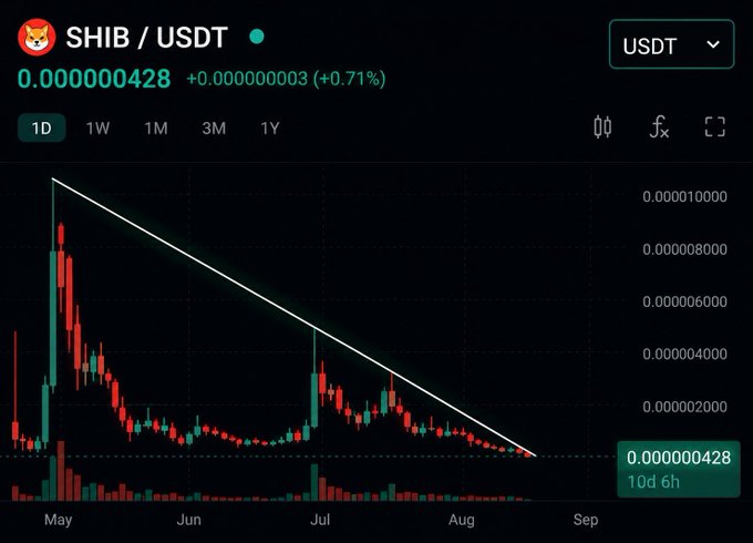 A cryptocurrency chart showing SHIB/USDT trading at 0.000000428 (+0.71%), with a downward trend line drawn from May highs through August lows on a candlestick chart.