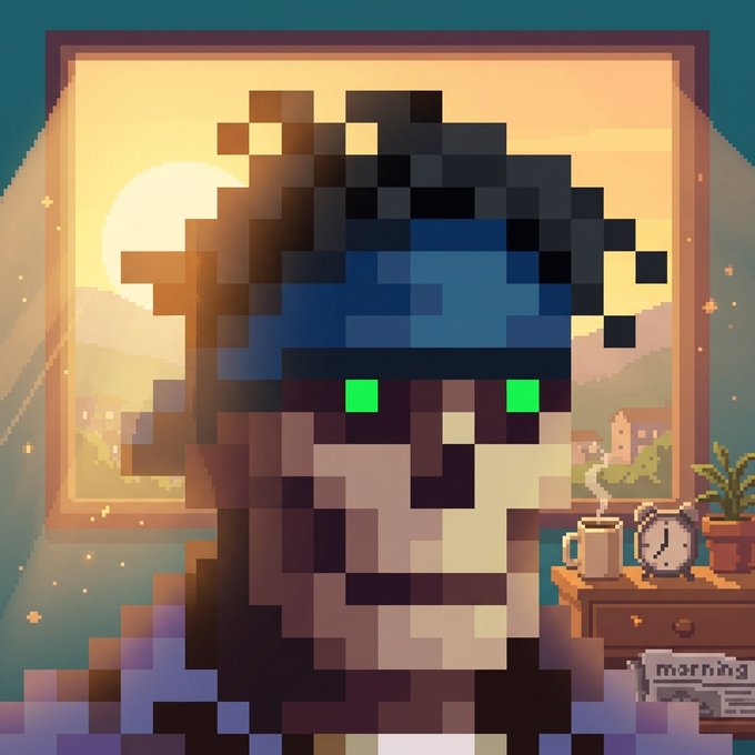Pixel art portrait of a person with green glowing eyes wearing a blue headband, with a sunrise window, coffee mug, alarm clock, and newspaper labeled "morning" in the background.