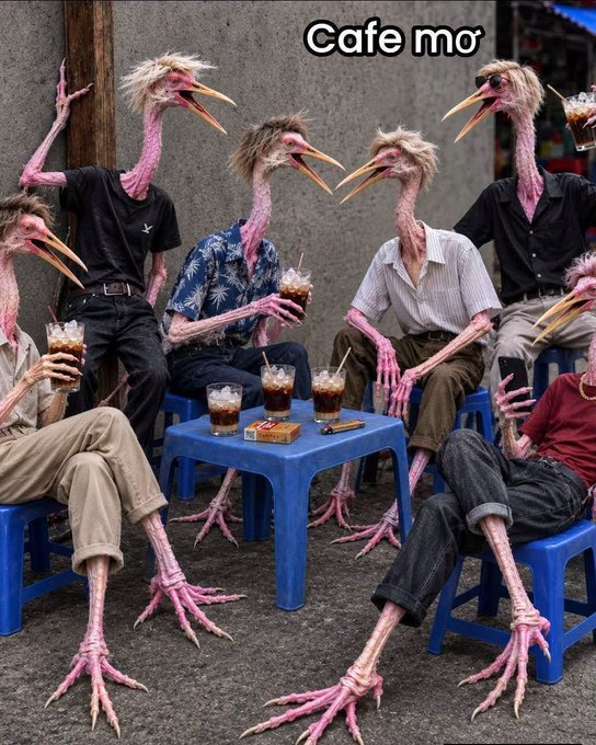 A surreal AI-generated image of human-sized birds with pink necks and legs sitting on blue plastic stools around a table with drinks, captioned "Cafe mor" (cut off).