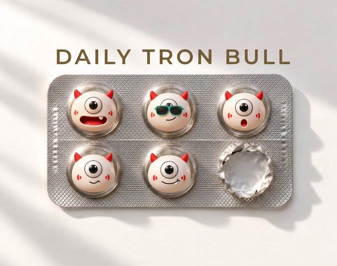 A blister pack labeled 'DAILY TRON BULL' contains five round pills featuring cartoon bull faces with various expressions, including one wearing sunglasses, with one empty slot.