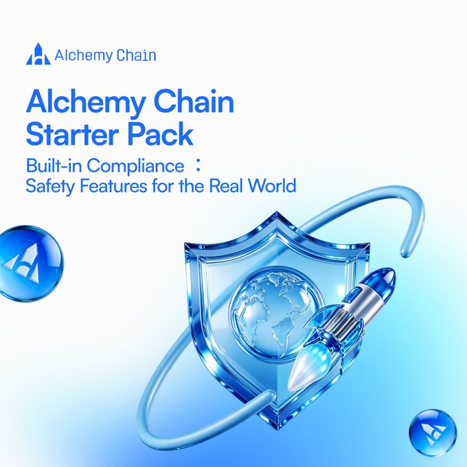 Promotional graphic for 'Alchemy Chain Starter Pack' featuring 'Built-in Compliance: Safety Features for the Real World' with a shield and globe design.