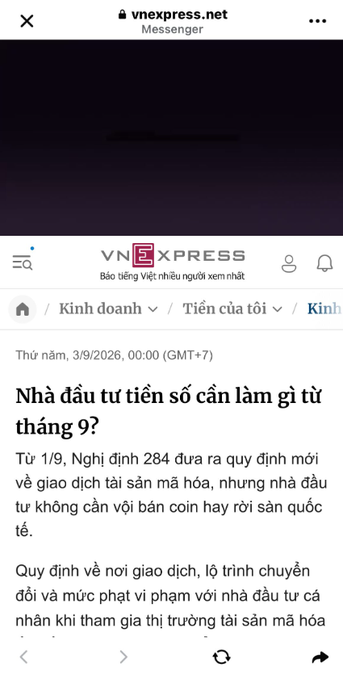 A mobile screenshot of a VnExpress.net article from 3/9/2026 headlined "Nhà đầu tư tiền số cần làm gì từ tháng 9?" The article discusses Decree 284 regarding cryptocurrency regulations.