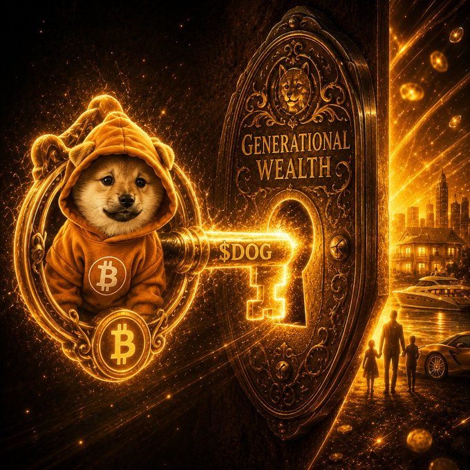 A gold-themed digital artwork featuring a Shiba Inu dog in a Bitcoin hoodie inserting a '$DOG' key into a lock labeled 'GENERATIONAL WEALTH,' with a city skyline, yacht, and luxury car in the background.