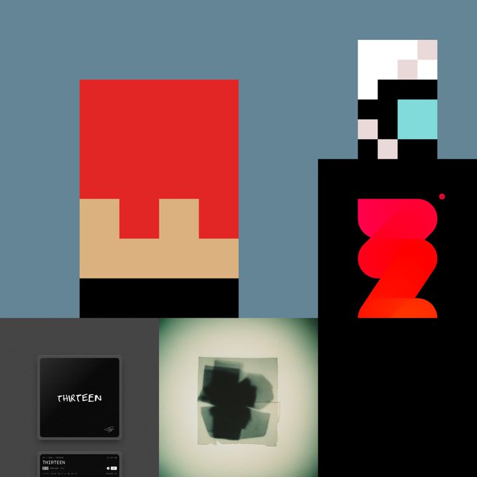 An abstract digital collage features the word "THIRTEEN" on an album cover, alongside red and black geometric shapes and a stylized "Z" logo.