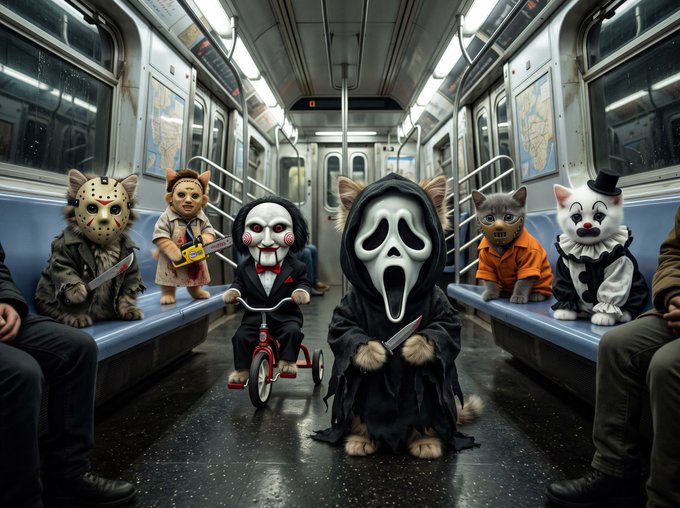 A surreal subway-car scene filled with costumed animal and horror-style characters, including a central ghost-masked figure holding a knife and other masked figures seated along the blue benches.