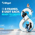 The image is a Bitget promotional graphic featuring a large white "8" with a person leaping joyfully beside it, displaying the text "8 FRAMES, 8 USDT EACH. READY TO CREATE?" against a bright blue sky background. It visually reinforces the post's #BitgetTurns8 celebration by highlighting the giveaway offer of 8 frames at 8 USDT each.