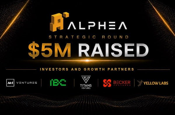 Promotional graphic announcing "ALPHEA Strategic Round - $5M Raised," featuring investor logos (MHVentures, IBC, Titans Ventures, Becker Ventures, Yellow Labs) against a sleek black and gold background, supporting the post's claim of Alphea's $5 million investment and DePIN airdrop opportunity for the @alpheanetwork project.