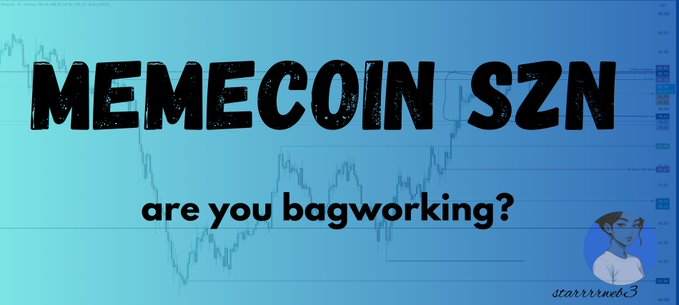 A graphic with the bold text "MEMECOIN SZN" and "are you bagworking?" overlaid on a blue background featuring a cryptocurrency price chart.