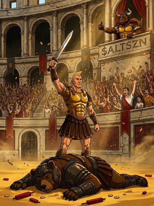 A victorious gladiator raises his sword in triumph over a fallen bear in a Roman colosseum, with a cheering crowd and a "$ALTSZN" banner visible, symbolizing bullish market momentum. The fallen bear represents the defeated bearish market, while the gladiator's victory aligns with the celebratory tone of winning 3 consecutive green weekly candles.
