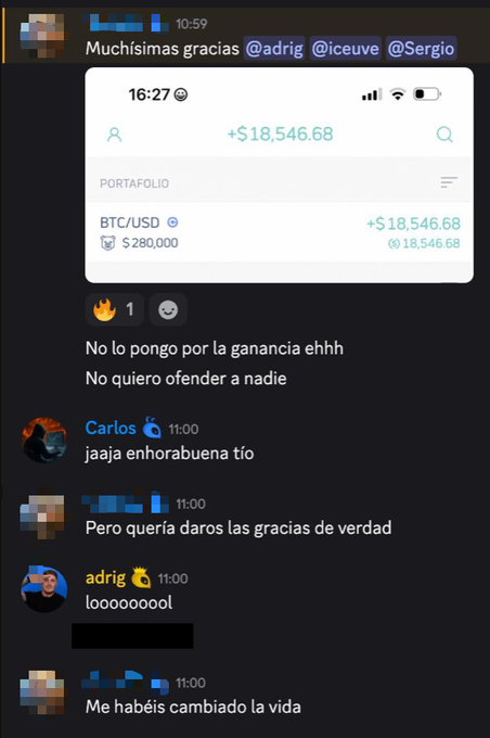 A Discord chat screenshot shows a user celebrating a BTC/USD trade profit of +$18,546.68 on a $280,000 position, thanking @adrig, @iceuve, and @Sergio for changing their life. The image illustrates the type of successful trading results that the accompanying post uses to promote the @colmenatrading mentorship program before its price increases from €397 to €797.