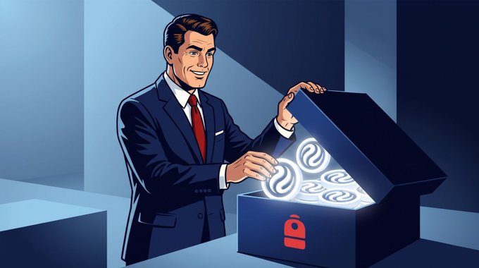 An illustration of a smiling man in a blue suit and red tie opening a box filled with glowing swirled coins, with an 'i' logo on the box.
