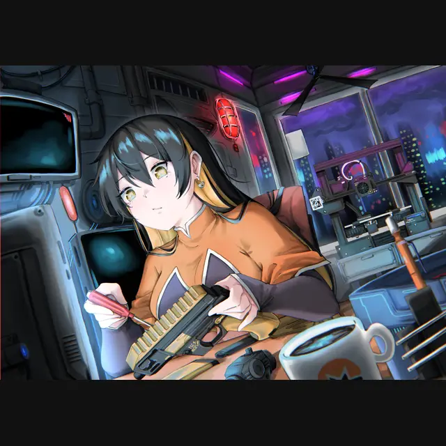 An anime-style illustration of a green-eyed girl cleaning a gun with a brush inside a futuristic, neon-lit room with a city view visible through the window.