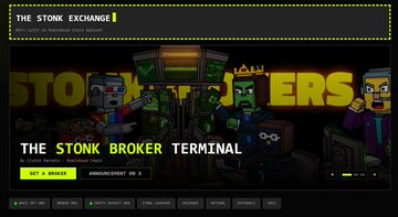 A promotional landing page for "The Stonk Exchange" featuring pixel art stock broker characters and the headline "The Stonk Broker Terminal" by ChilliNuggies and NaclbedoDev, with a "Get a Broker" mint button. The design illustrates the post's description of $STONKBROKER as a DeFi ecosystem with 4,444 pixelated NFT stock brokers who earn tokenized stocks like TSLA, AMZN, and NVDA.