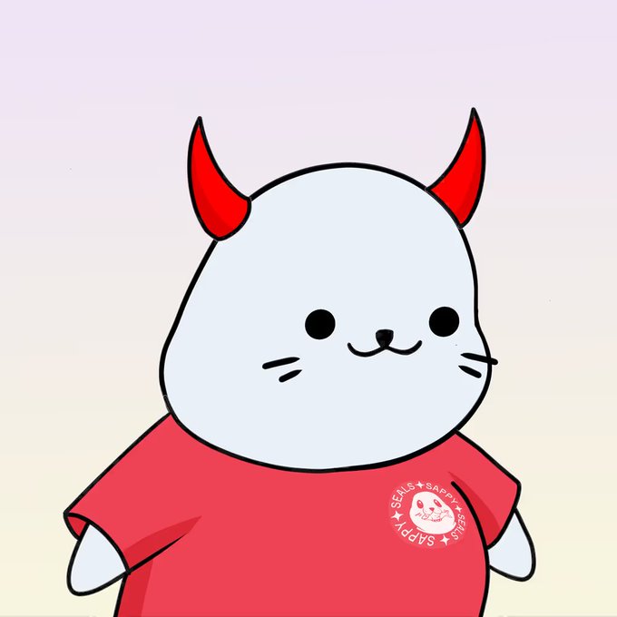 A cute cartoon character with a gray round head, red devil horns, and a red t-shirt featuring a circular logo that says 'SAPPI SAPPI' with a cat face.