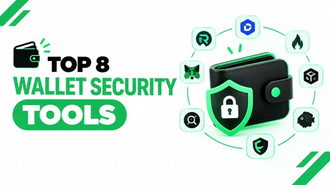 The image is a graphic promoting "Top 8 Wallet Security Tools," featuring a central illustration of a black wallet with a green padlock shield, surrounded by eight circular icons representing various crypto security services. It visually introduces the accompanying post's list of essential wallet protection tools like Revoke.cash, De.Fi Shield, and Fire.