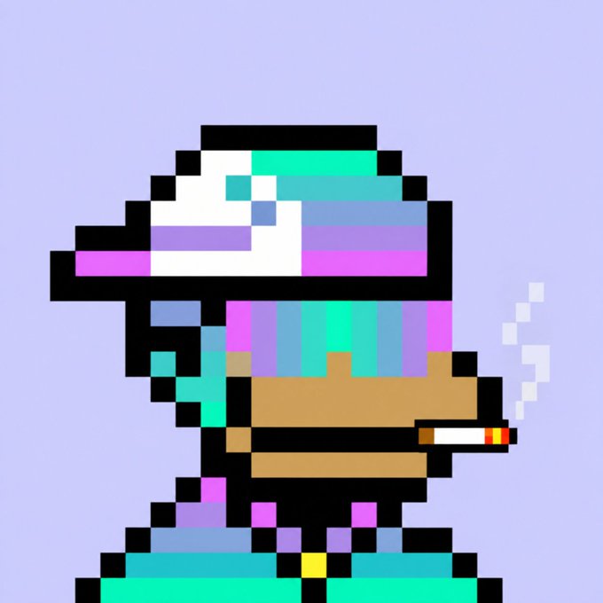 Pixel art of a character in a turquoise and purple cyberpunk helmet smoking a cigarette, reminiscent of the Major from Ghost in the Shell.