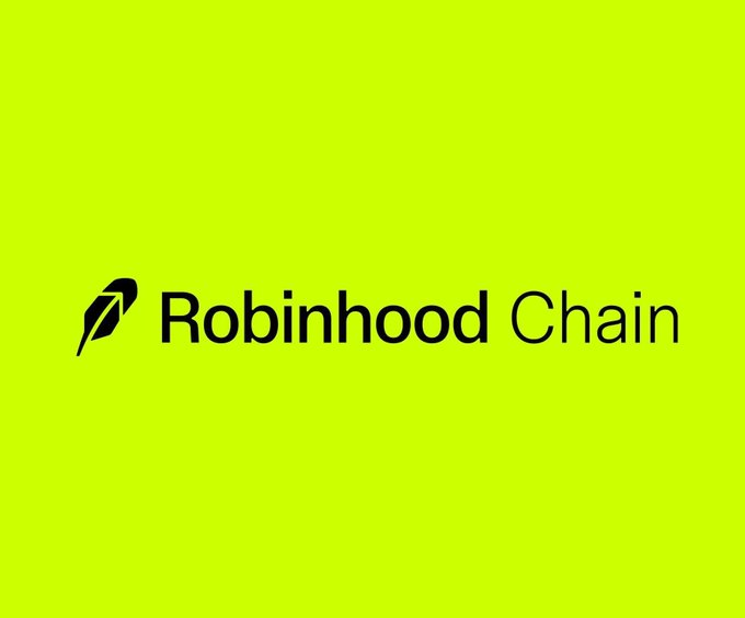 A simple green background displaying the "Robinhood Chain" logo with its feather icon in black text.