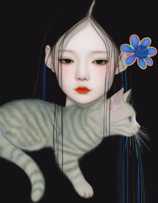 An artistic illustration of a pale-skinned girl with dark hair, red lipstick, and a colorful flower in her hair, holding a striped cat with blue eyes against a black background.