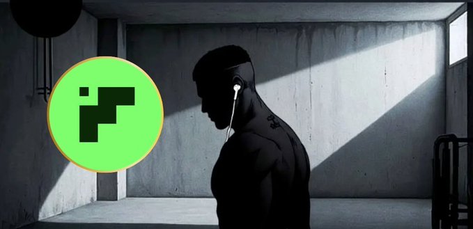 An artistic image of a silhouetted muscular man with earbuds in a dimly lit concrete room with dramatic lighting, with a green circular logo featuring a stylized 'F' overlaid on the left side.