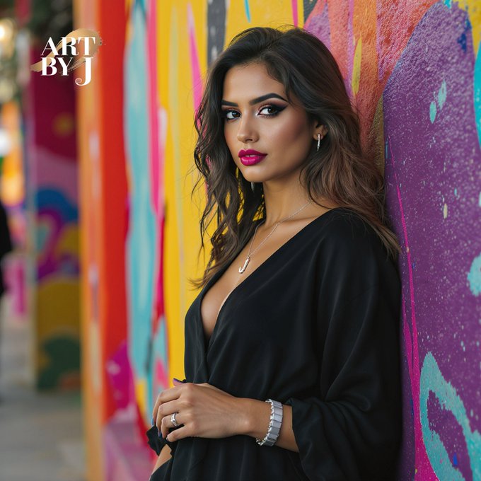 The image shows a woman with long wavy brown hair, bold makeup, and a black V-neck dress, posing against a vibrant, colorful graffiti wall, with the text "ART BY J" visible in the upper left corner. This portrait serves as a stylish visual introduction from the NFT artist "ART BY J," reflecting her creative identity and artistic persona.