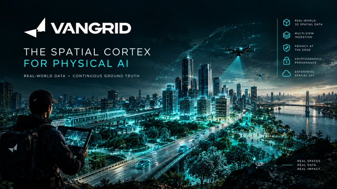 Promotional graphic for 'VANGRID - The Spatial Cortex for Physical AI' featuring a futuristic cityscape with a drone, highlighting features like real-world 3D spatial data and cryptoprovenance.