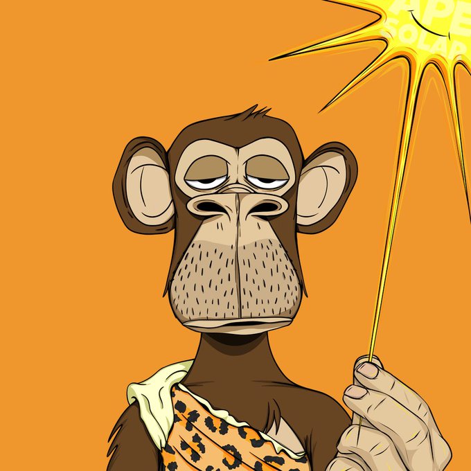 An NFT illustration of a bored-looking cartoon monkey wearing a leopard-print sash, holding a pointer stick that emits a yellow sunburst labeled 'APE SOLAR'.