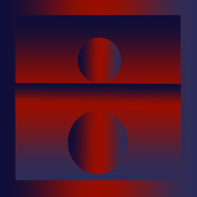 A digital graphic displays two vertically stacked spheres with a gradient of red and dark blue on a matching background.