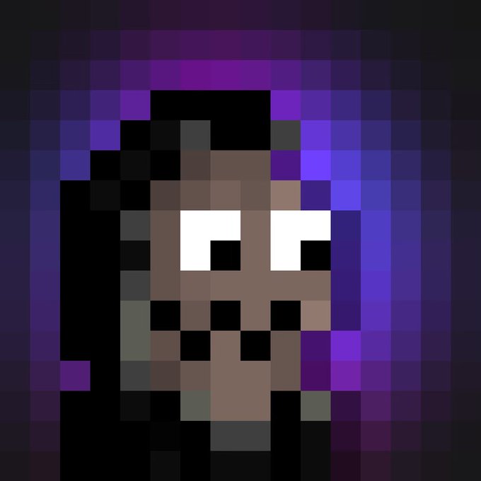 A pixel art portrait of a dark-skinned character with large expressive eyes and dark hair, set against a glowing purple background, presented as an NFT-style digital collectible accompanying the "GM NFTs." post.