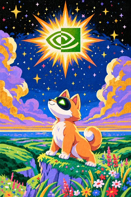 A colorful digital illustration of a Shiba Inu dog wearing VR goggles, gazing up at a glowing NVIDIA logo in a starry night sky above a cliffside meadow.